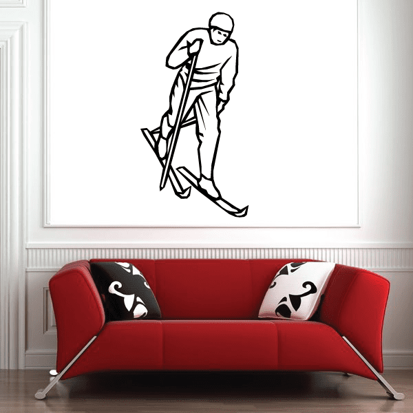 Skier wall decal vinyl sticker, black-and-white outline of a standing skier holding skis