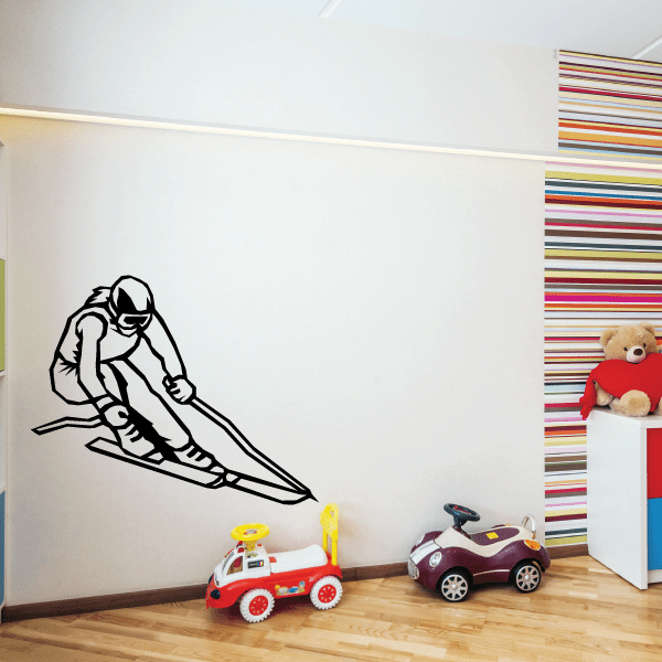 Black skiing wall decal of a skier on a sled