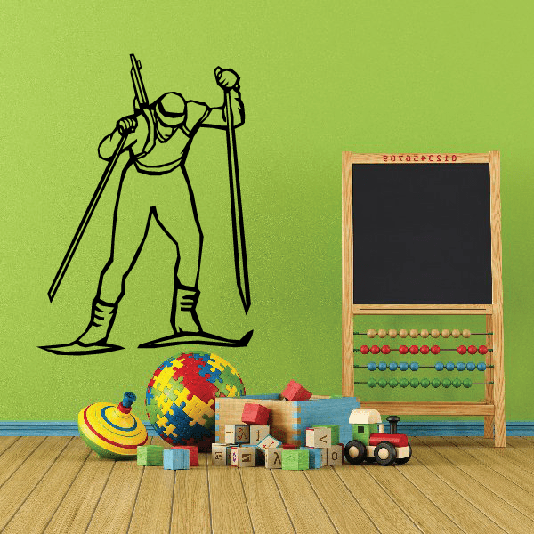 Skiing wall decal with black outline skier holding ski poles