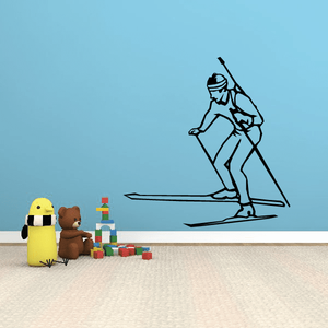 Skiing vinyl wall decal, black skier silhouette with long skis and poles