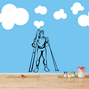 Skiing wall decal: line-art skier with poles under puffy clouds