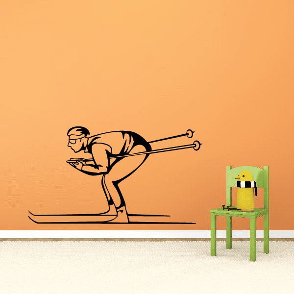 Skiing wall decal showing a skier silhouette with skis and poles, vinyl figure