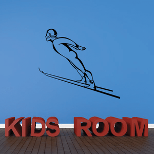 Kids room skiing vinyl wall decal, black skier on skis with red “KIDS ROOM” text