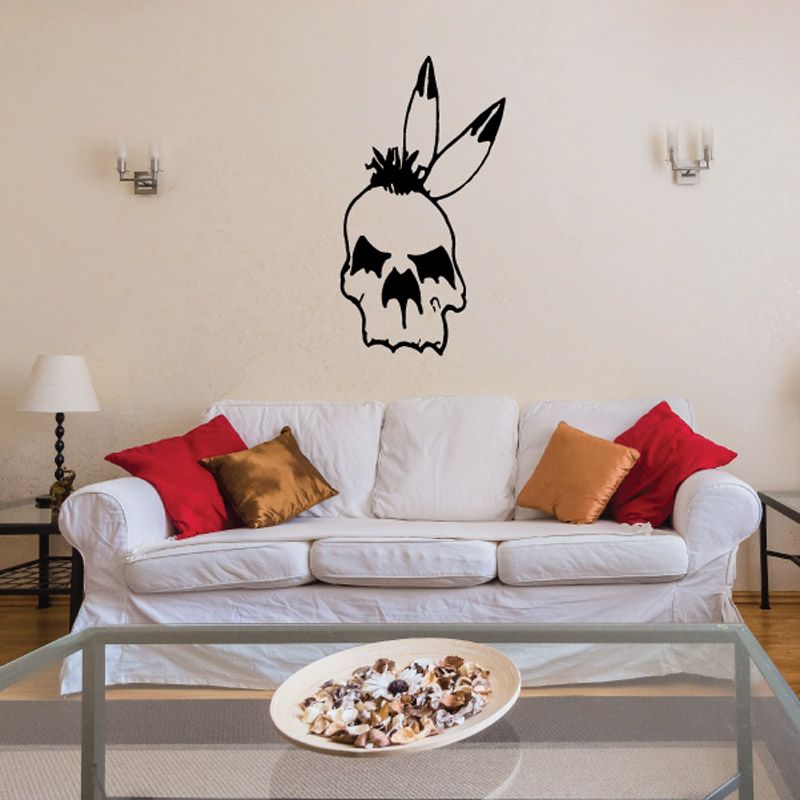 Skull mohawk wall decal with black feathers