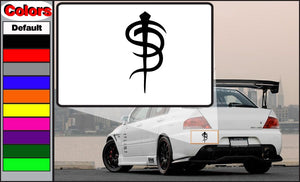 Skinny puppy decal with black caduceus and dollar symbol