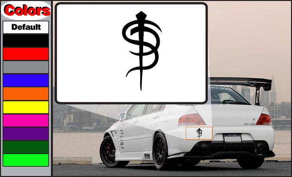 Skinny puppy decal with black caduceus and dollar symbol