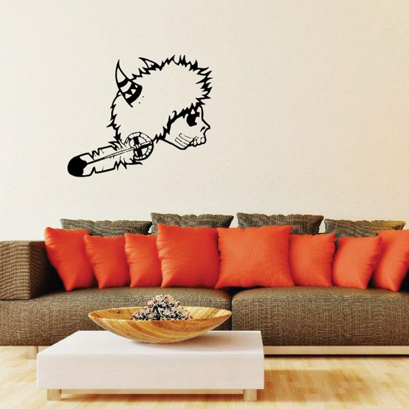 Buffalo skull headdress wall decal with feathered horn design, black and white