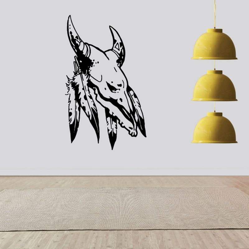 Black skull cow horn and feather wall decal