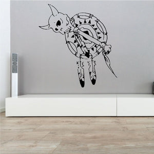 Skull dream catcher wall decal with skeleton creature and feathers, black and white