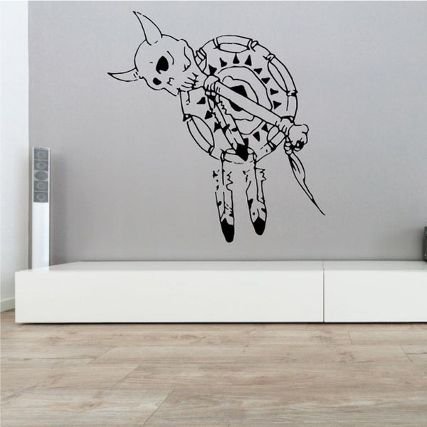 Skull dream catcher wall decal with skeleton creature and feathers, black and white