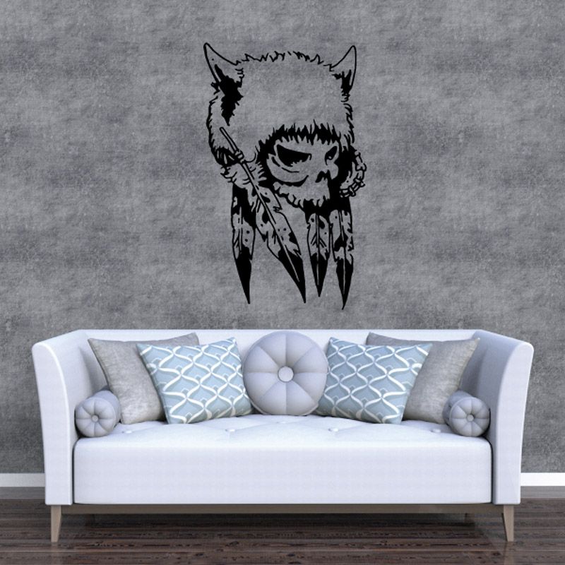 Horned skull headdress wall decal with buffalo feathers, vinyl sticker art
