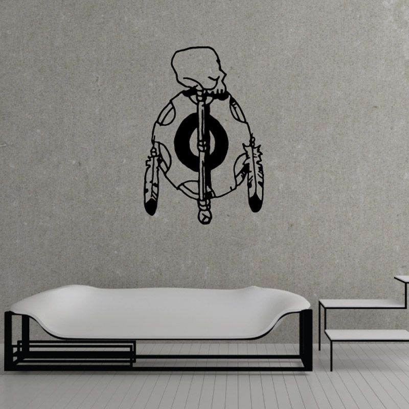 Skull staff wall decal with skull figure and feathered emblem, black vinyl
