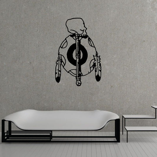 Image of Skull Staff Leather Symbol Feathers Wall Decal - Vinyl Decal - Car Decal - DC6109