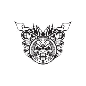 Black-and-white skull steering wheel decal with flames and banner scrolls