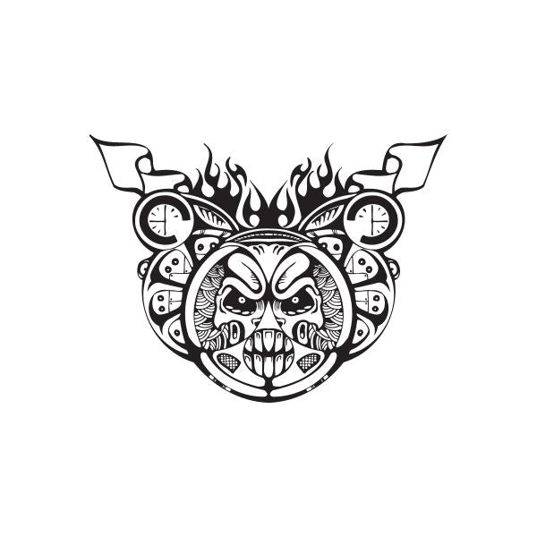 Black-and-white skull steering wheel decal with flames and banner scrolls