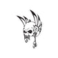 Skull wall decal in black and white with flame-like horns and hanging pendant