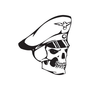 Stylized skull vinyl wall decal with hood and bow, black and white graphic