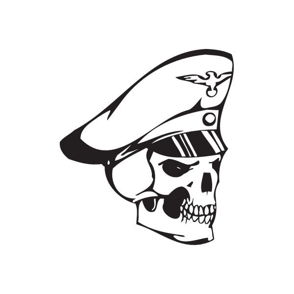 Stylized skull vinyl wall decal with hood and bow, black and white graphic
