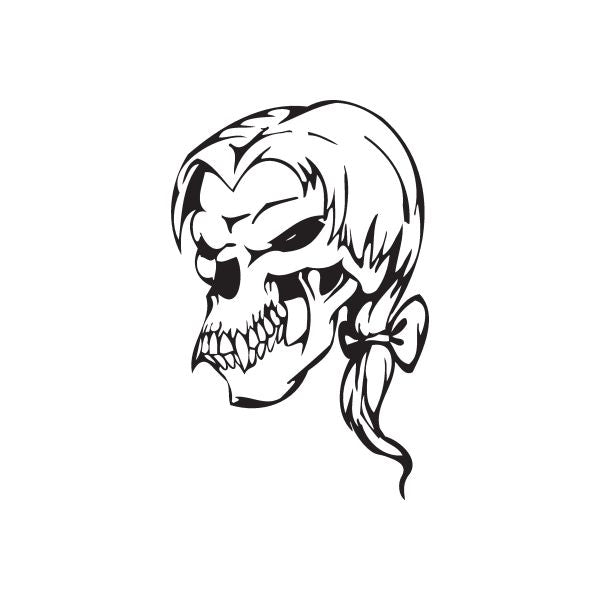 Skull head decal with braided hair, black and white line art