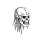 Skull wall decal: black-and-white grinning skull with flowing hair, vinyl sticker.