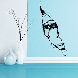 Black skull wall decal with stylized face line-art details