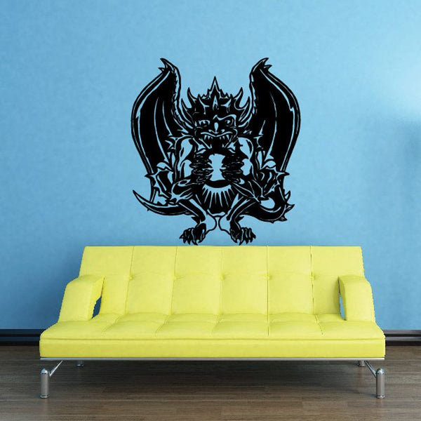 Black skull demon wall vinyl decal with spiked horns and wings