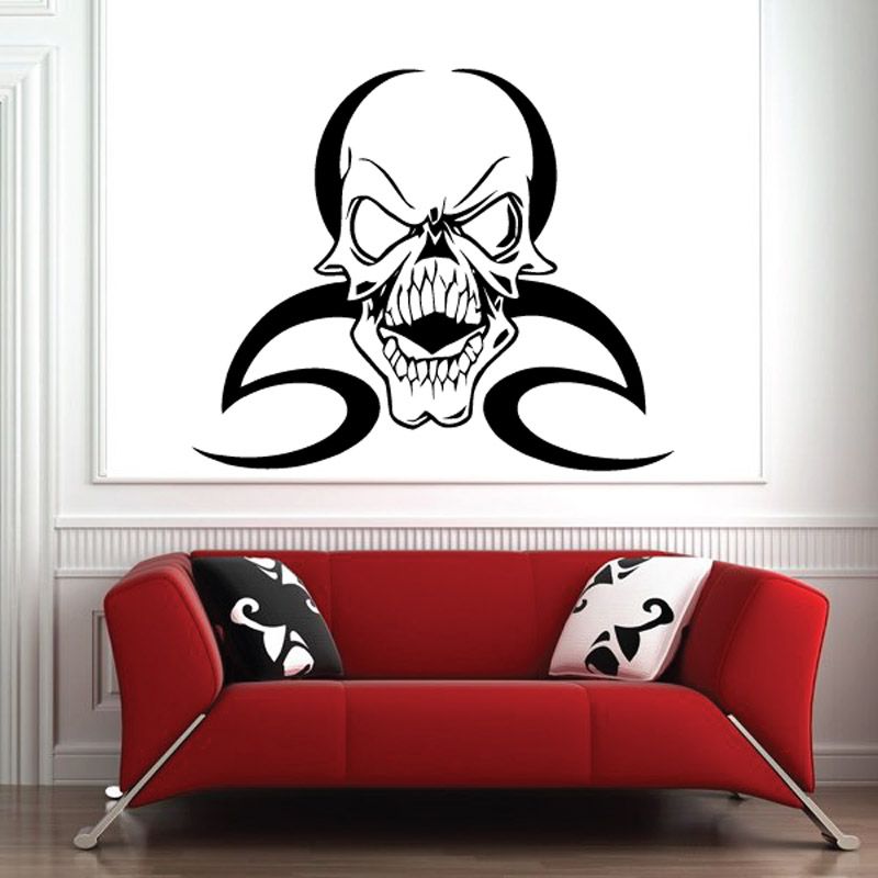Skull wall vinyl decal with snarling grin and curled tentacle shapes