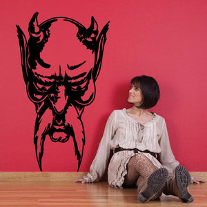 Black skull wall decal with horned design, vinyl sticker