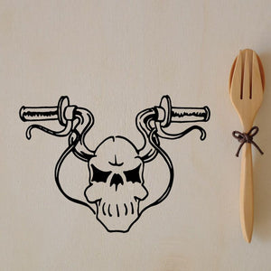Skull wall decal with crossed dumbbells and bold black outline.