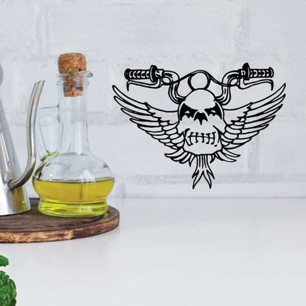 Skull wall decal with black winged skull design, vinyl car sticker style
