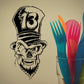 Skull decal with top hat, beard, and bold number 13 in black and white