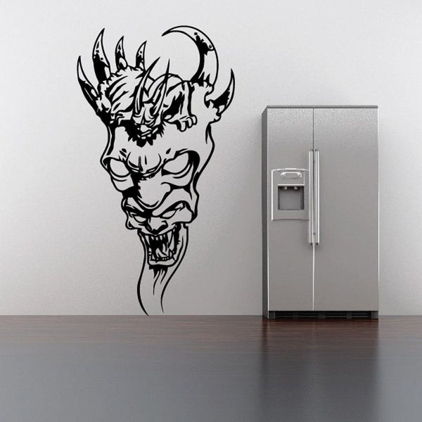 Black skull wall decal with horned, snarling face and decorative flames