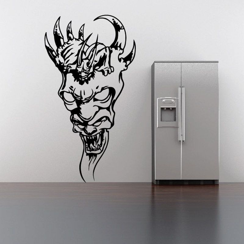 Black skull wall decal with horned, snarling face and decorative flames