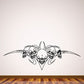 Black skull wall decal with central skull, flanking skulls and winged tribal outline