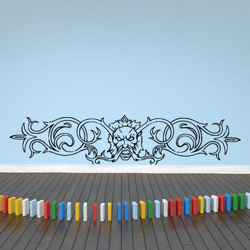 Skull wall decal vinyl sticker with ornate tribal scrollwork and banner design