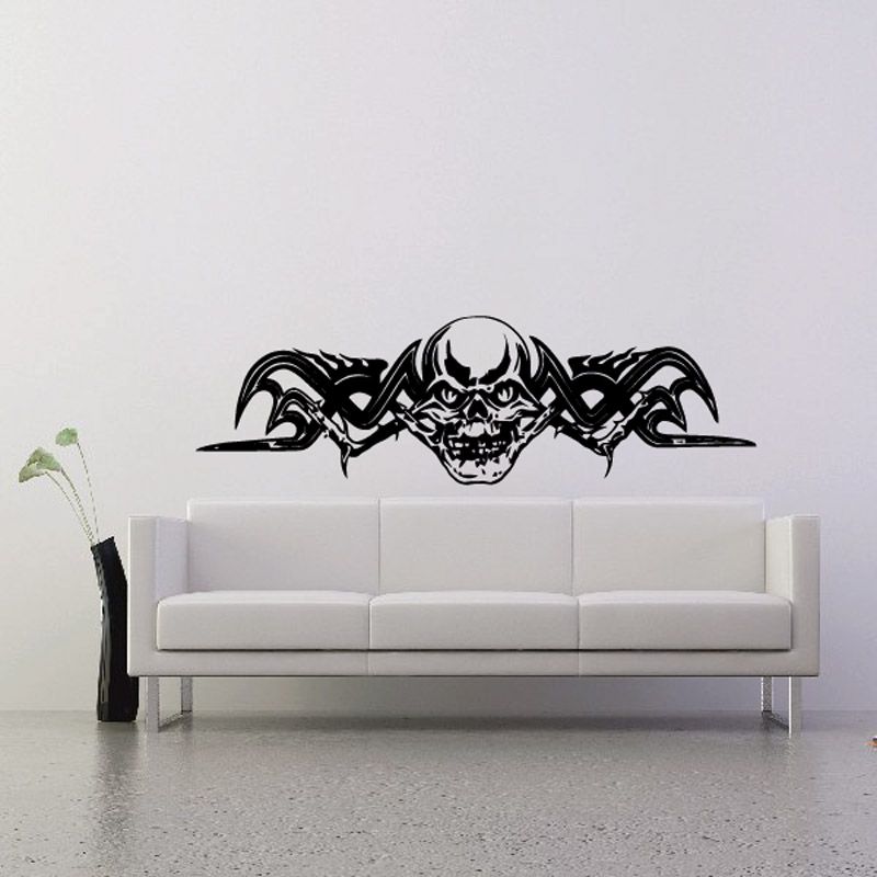 Black skull wall decal with crossblade and winged design