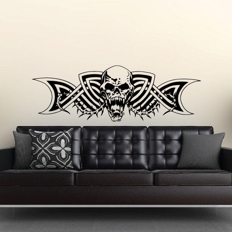 Skull wall decal vinyl sticker with black and white winged emblem