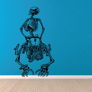 Skull skeleton vinyl wall decal with detailed black outline illustration