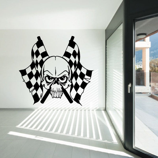 Black skull wall decal with checkered horns and bold linework, vinyl sticker