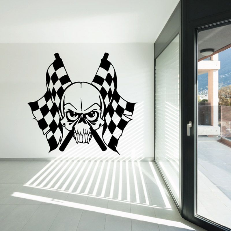 Black skull wall decal with checkered horns and bold linework, vinyl sticker