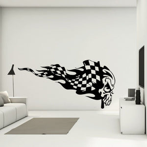 Skull wall decal with black checkered flames and skull outline