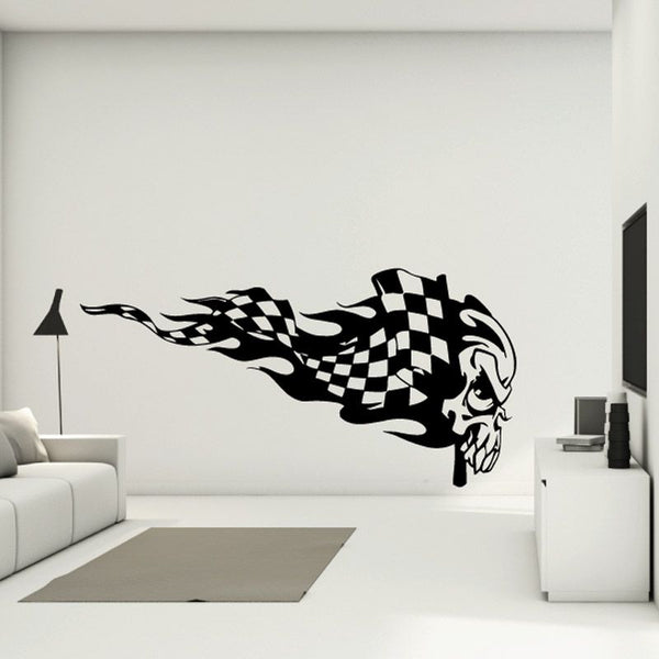 Skull wall decal with black checkered flames and skull outline