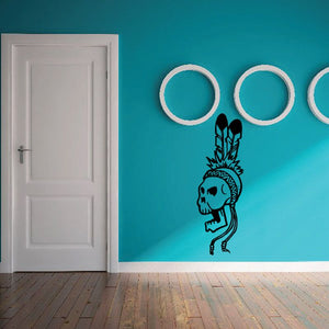 Skull and feather headband wall decal with three white outline circles