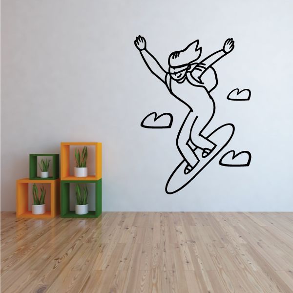 Skydiver skateboard wall decal, black line-art figure in midair with arms up