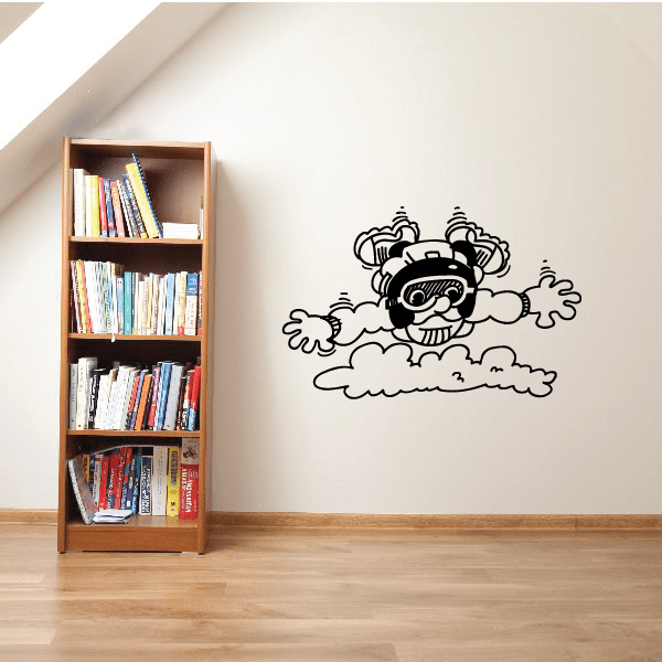 Cartoon skydiver wall decal with helmeted diver and parachute in clouds