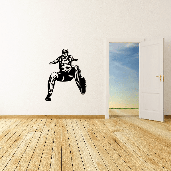 Skydiving free-fall vinyl wall decal of black skydiver in harness pose
