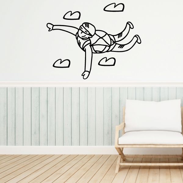 Free-falling skydiver man wall decal with small heart shapes around him