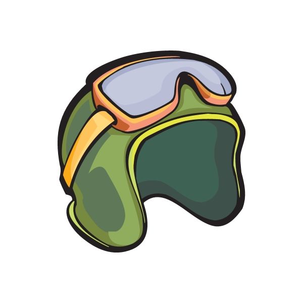 Skydiving helmet and goggles sticker with green visor and orange accents