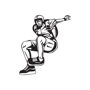 Skydiving jump pose decal, black and white cartoon skydiver with arms out