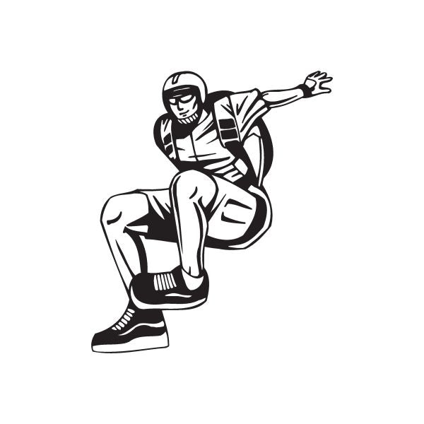 Skydiving jump pose decal, black and white cartoon skydiver with arms out